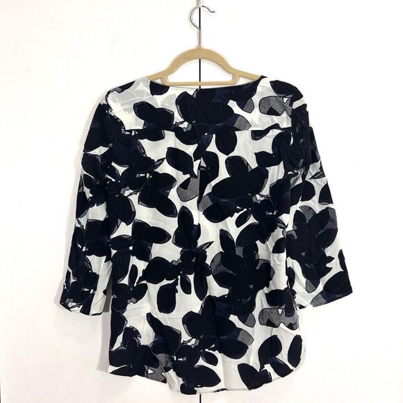 Akris Punto Mulberry Silk Top Size 4 Floral Roll Tab Sleeve Boat Neck Abstract - Picture 2 of 9